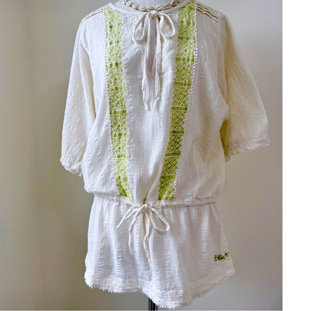 Billabong Cream Gauze Boho-Tie Waist-Green Embroidery Top-Cover Up-Women’s Large